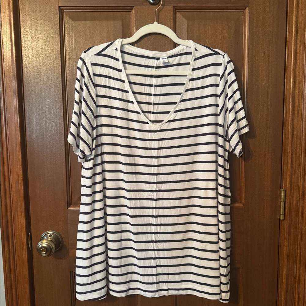 Old Navy Navy and White Striped V-Neck Tee